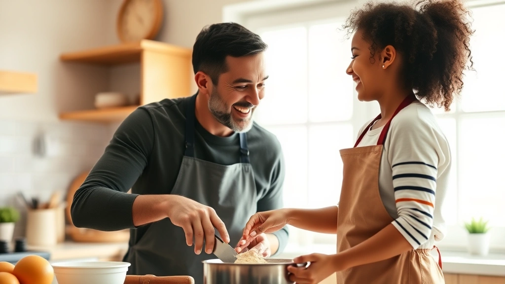 Warm family moment: parent and child cooking together in bright kitchen, laughing, flour on apron, natural window light, candid interaction showing genuine connection and joy