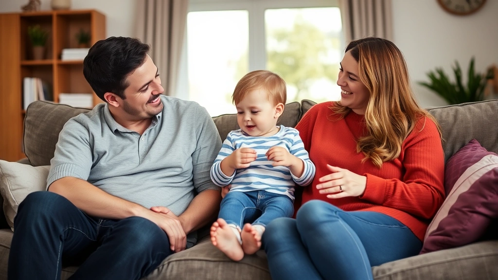 Parents sitting together on couch with young child between them, all engaged in conversation and play, warm home environment, genuine family interaction, natural expressions