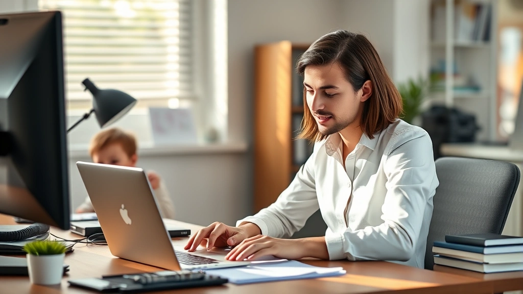 Working parent at desk with laptop during daytime, photo of child visible on desk corner, balancing professional focus with family presence, realistic office or home office setting
