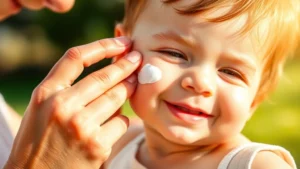 Close-up of parent gently applying zinc oxide mineral sunscreen to baby's cheek and shoulder in bright sunlight, baby smiling, natural outdoor setting with soft shadows