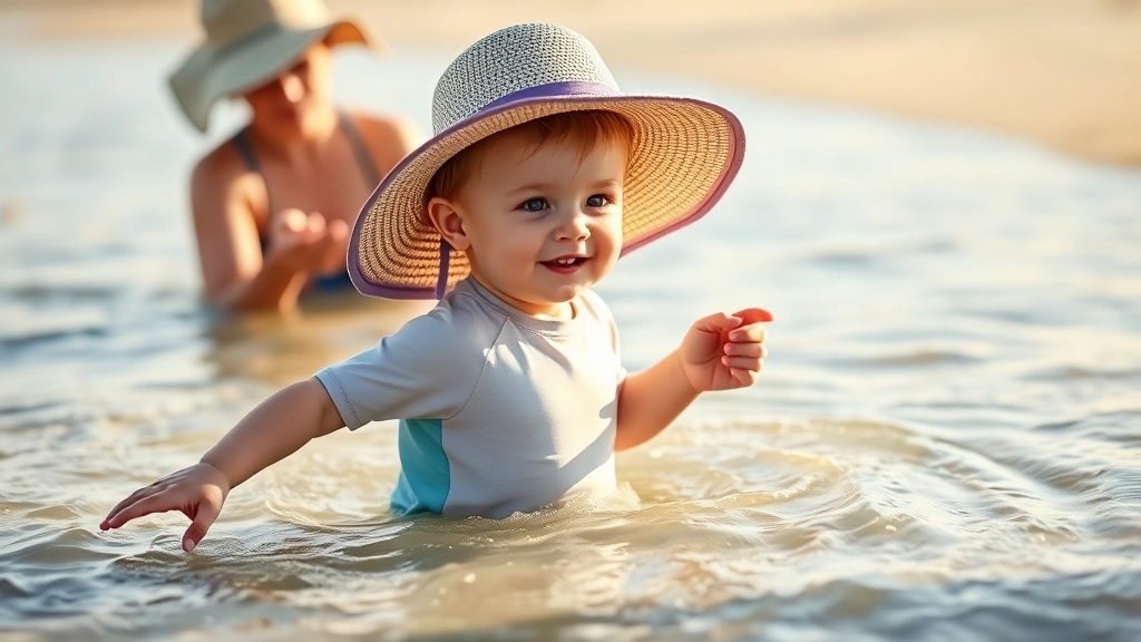Toddler wearing wide-brimmed sun hat and UV-protective rash guard playing in shallow beach water, parent applying sunscreen nearby, golden afternoon light