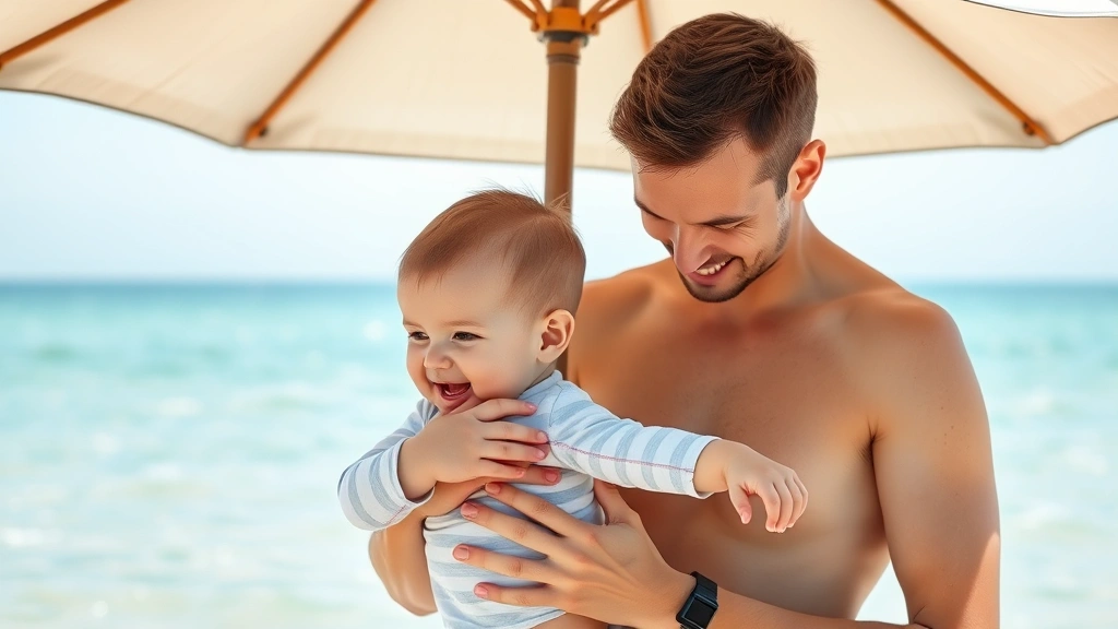 Parent and baby under beach umbrella shade, baby in lightweight long-sleeved swim shirt, reapplying sunscreen to baby's arms, calm ocean background