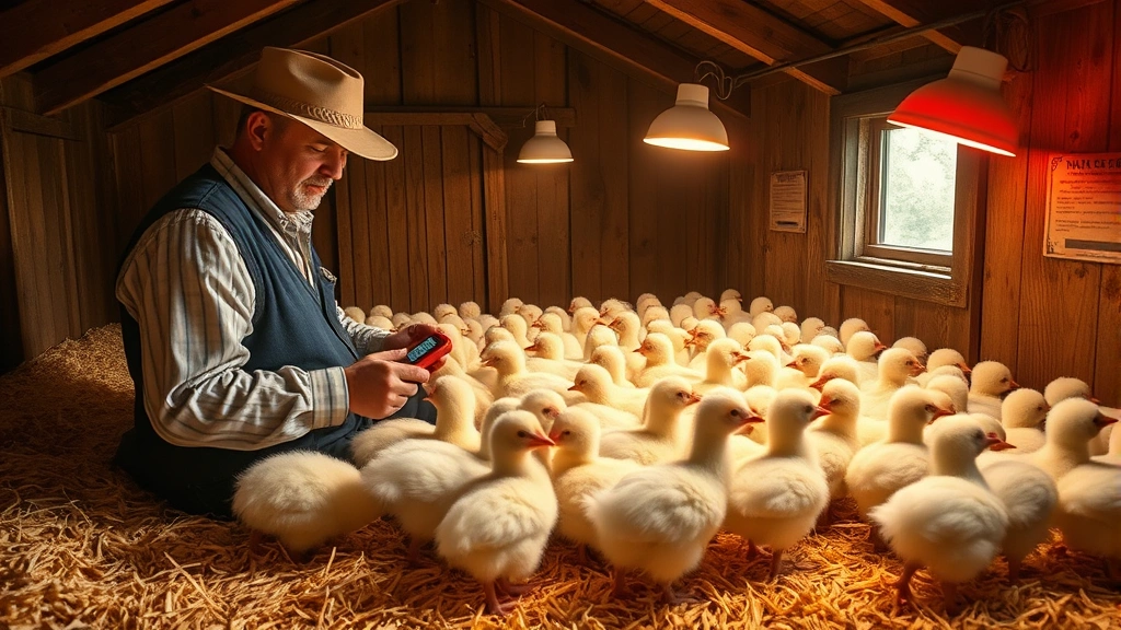 Farmer carefully monitoring temperature and humidity in a rustic wooden brooder house with infrared heat lamps warming fluffy poults clustered peacefully on clean pine shavings
