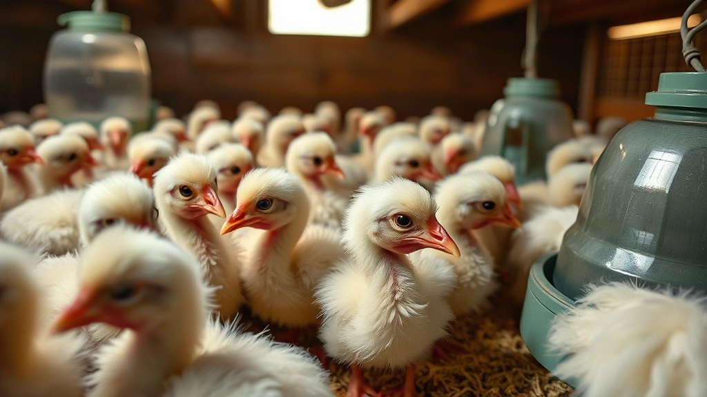 Close-up of adorable fluffy turkey poults drinking from waterers and eating from specialized feeders in a well-lit, clean brooder environment with proper ventilation