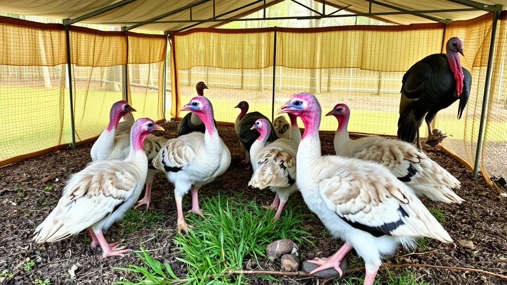 Outdoor covered pen with young turkeys foraging, dust bathing, and roosting on branches with green grass visible, showing healthy growth and natural behaviors in safe predator-proof enclosure