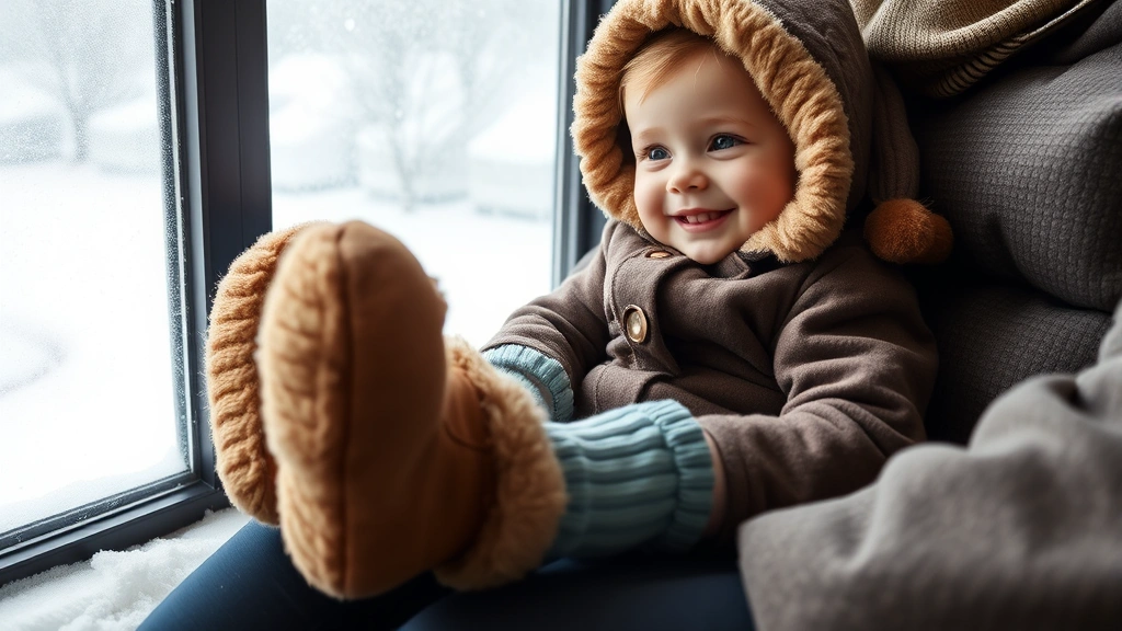 Toddler wearing cozy brown UGG boots sitting on parent's lap by a frost-covered window on a snowy day, smiling and wiggling toes