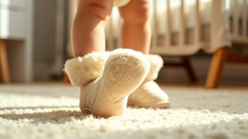 Close-up of a baby's feet in soft cream-colored sheepskin boots on a plush nursery rug with warm natural lighting