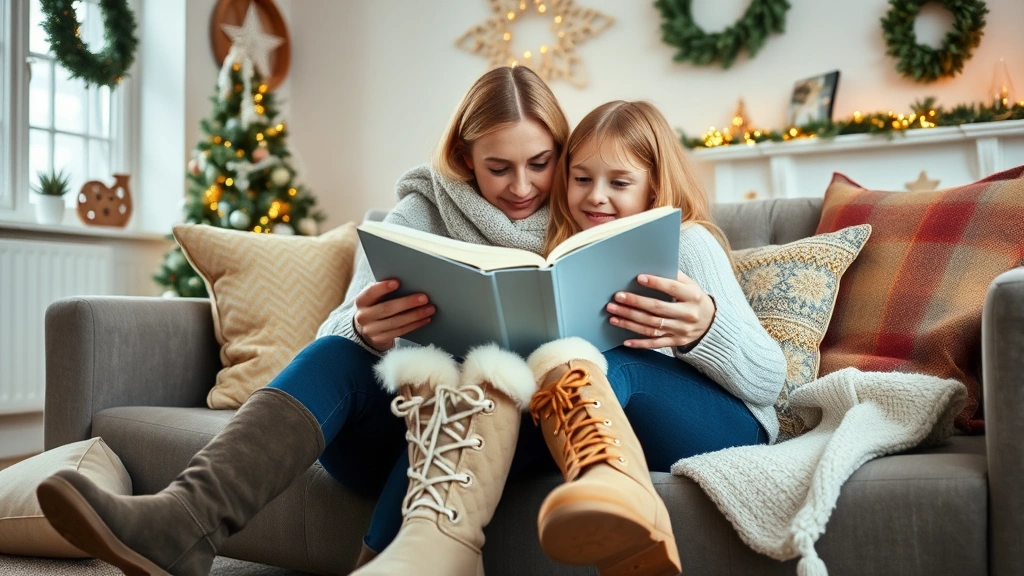 Mother and daughter sitting together, both wearing UGG boots, reading a book in a comfortable living room with winter decorations
