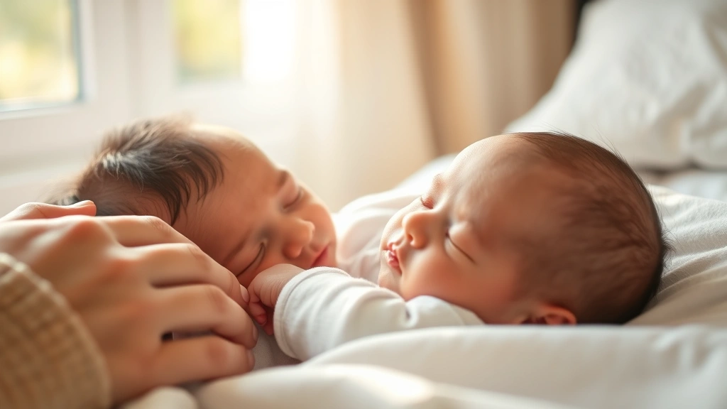 Peaceful newborn sleeping with soft natural window light, parent's gentle hand nearby, realistic skin texture visible, intimate family moment in bright bedroom