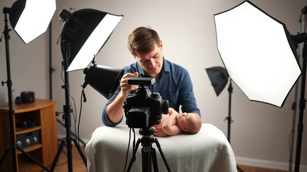 Professional photographer adjusting lighting setup with soft diffusers around sleeping newborn, demonstrating technical photography techniques in studio setting