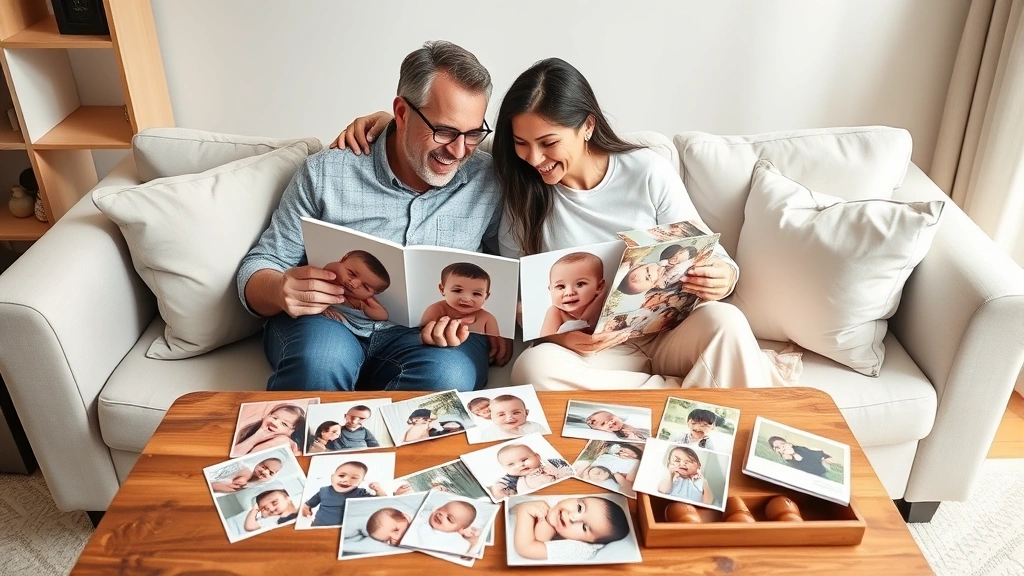 Happy parents looking at printed baby photos together on couch, genuine smiles and emotional connection, various photo prints spread across coffee table