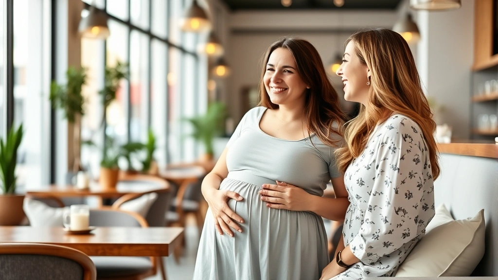 Pregnant woman and female friend laughing together in a bright, modern café with soft natural lighting, comfortable seating, and warm inviting atmosphere for baby shower planning