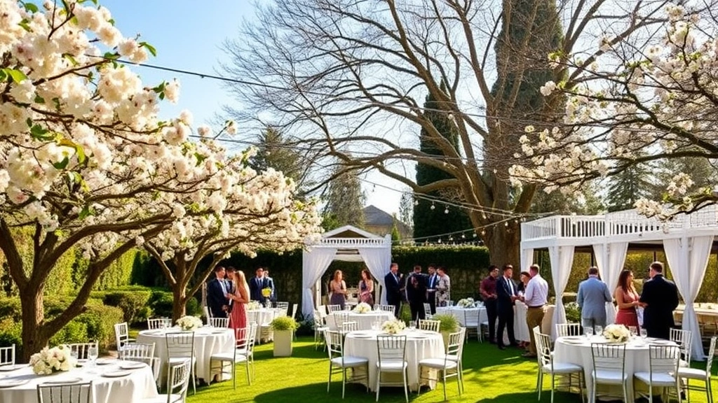 Elegant outdoor garden venue with flowering trees, string lights, white tables and chairs set up for celebration, guests mingling in natural afternoon sunlight