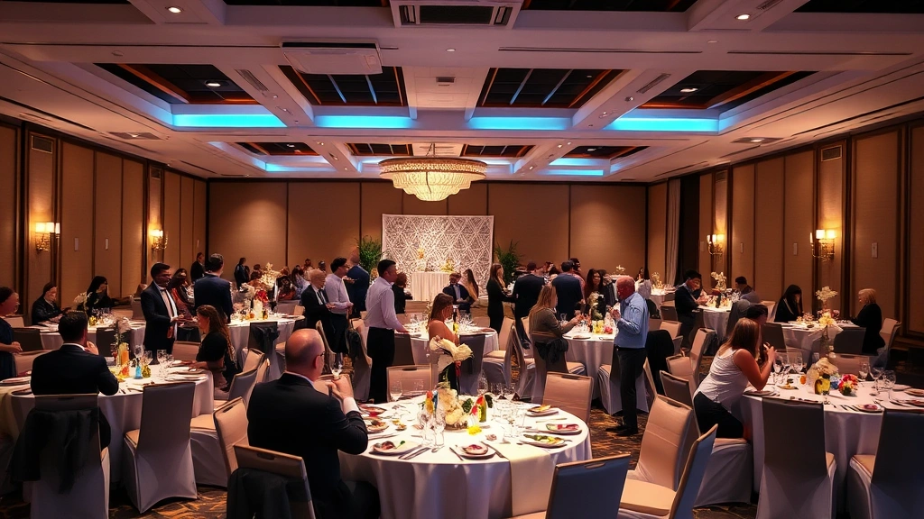 Professional event space interior with decorated tables, centerpieces, guests enjoying food and conversation, warm ambient lighting creating sophisticated baby shower celebration