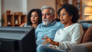 Diverse parents watching television together on couch with concerned expressions, modern living room setting, warm lighting, emotional connection captured in their faces and body language