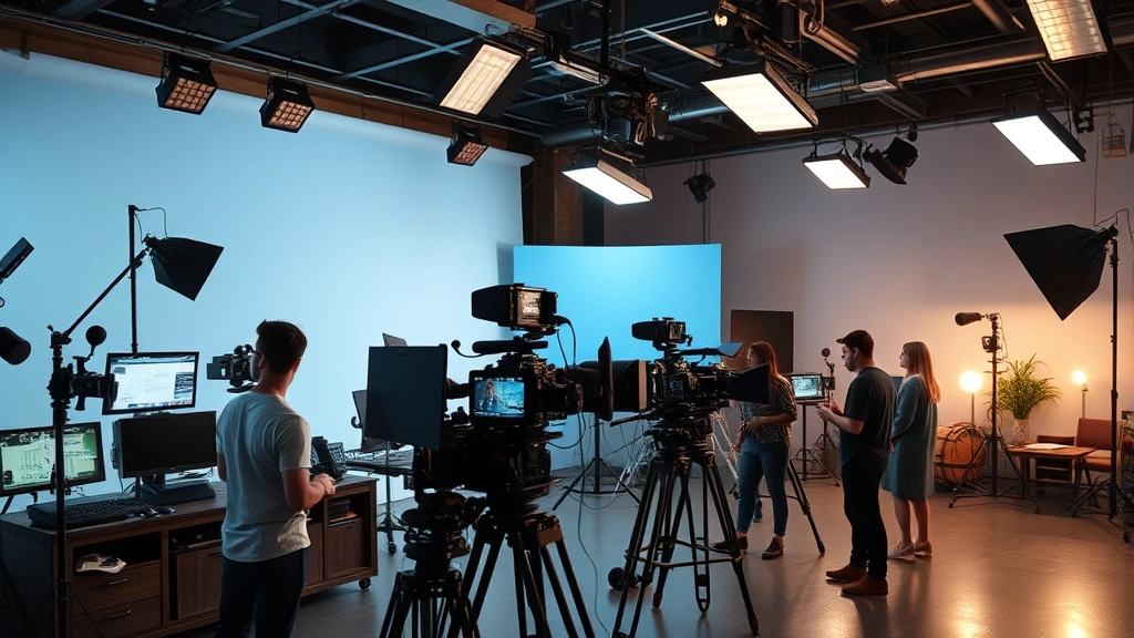 Professional film set with safety equipment, monitors, and crew members maintaining controlled environment, soft lighting, organized workspace showing production professionalism and care