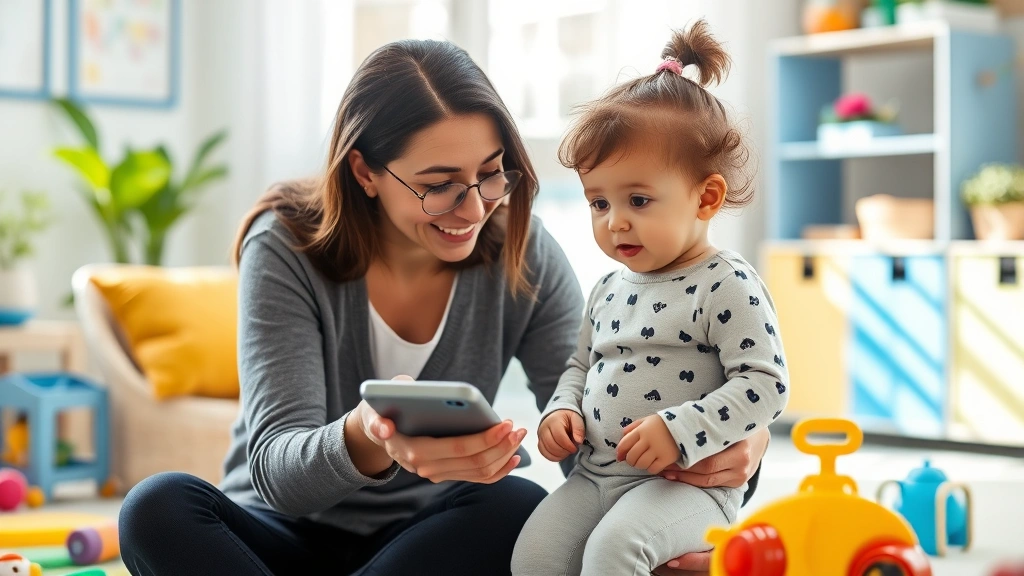 Child welfare coordinator or nanny supervising young infant in comfortable, safe indoor space with appropriate toys and monitoring equipment, attentive caregiver expression, bright natural lighting
