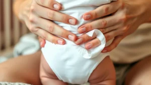 Close-up of parent's hands gently wiping newborn's diaper area with soft water wipe, warm lighting, peaceful nursery setting, showing tender caregiving moment