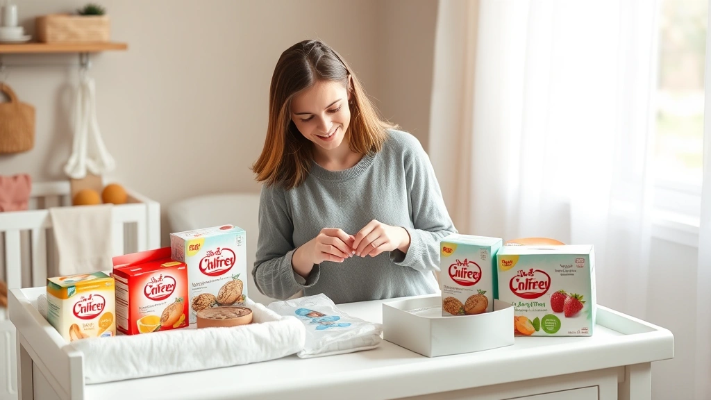 Mother comparing different wipe product boxes on changing table, looking at ingredients, natural daylight, thoughtful expression, organized nursery background