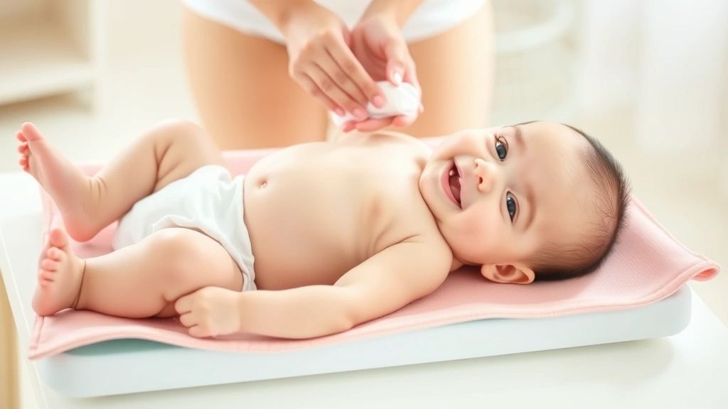 Happy baby lying on changing pad during diaper change, parent using water wipe, soft pastel colors, clean bright room, gentle care demonstration