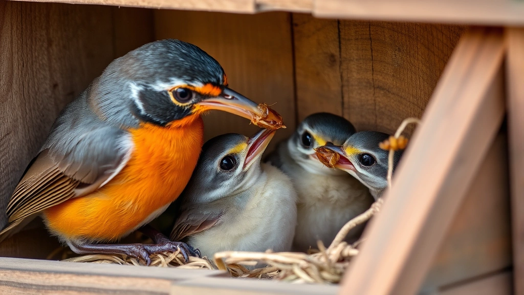 Parent robin feeding regurgitated insects to three nestlings in wooden nest box, soft natural lighting, close-up detail of feeding behavior
