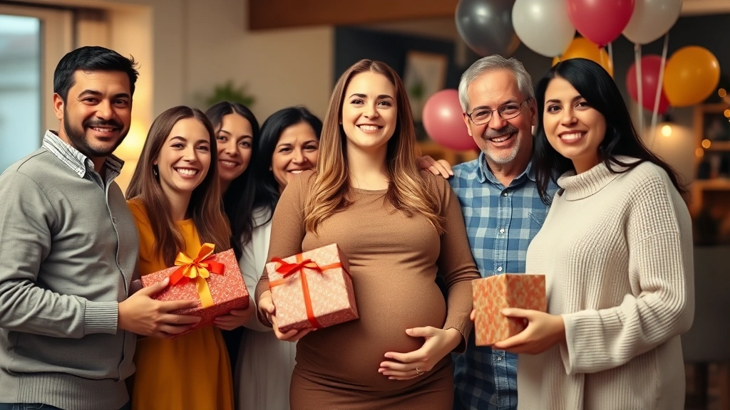 Happy pregnant woman surrounded by smiling family members and friends at an indoor celebration, holding wrapped gifts, warm lighting, festive decorations with balloons visible in background