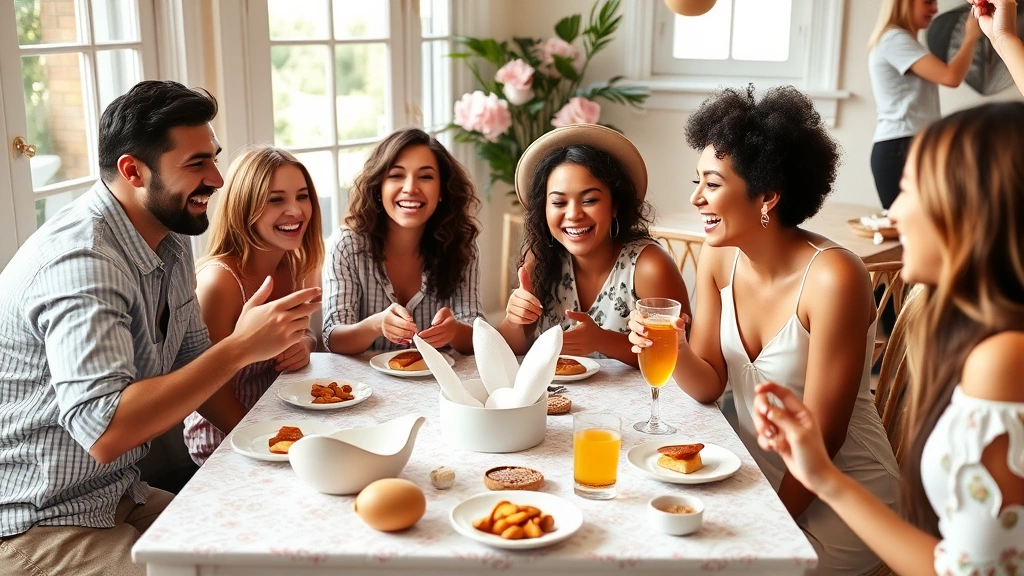 Group of diverse guests laughing together while playing baby shower games at a decorated table with snacks and drinks, natural daylight from windows, genuine joy on faces