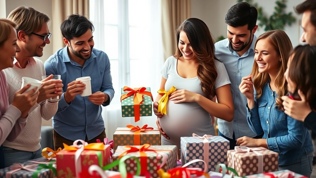 Expectant parents opening gifts together surrounded by cheerful guests, colorful wrapping paper and ribbons scattered on table, close-up of happy expressions and celebration atmosphere