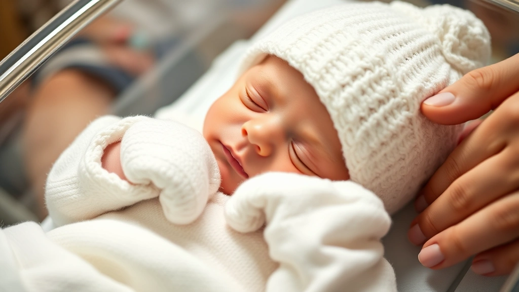 Close-up of newborn baby in hospital bassinet wearing soft white knit hat and mittens, peaceful sleeping expression, warm hospital lighting, parent's hand visible showing gentle touch