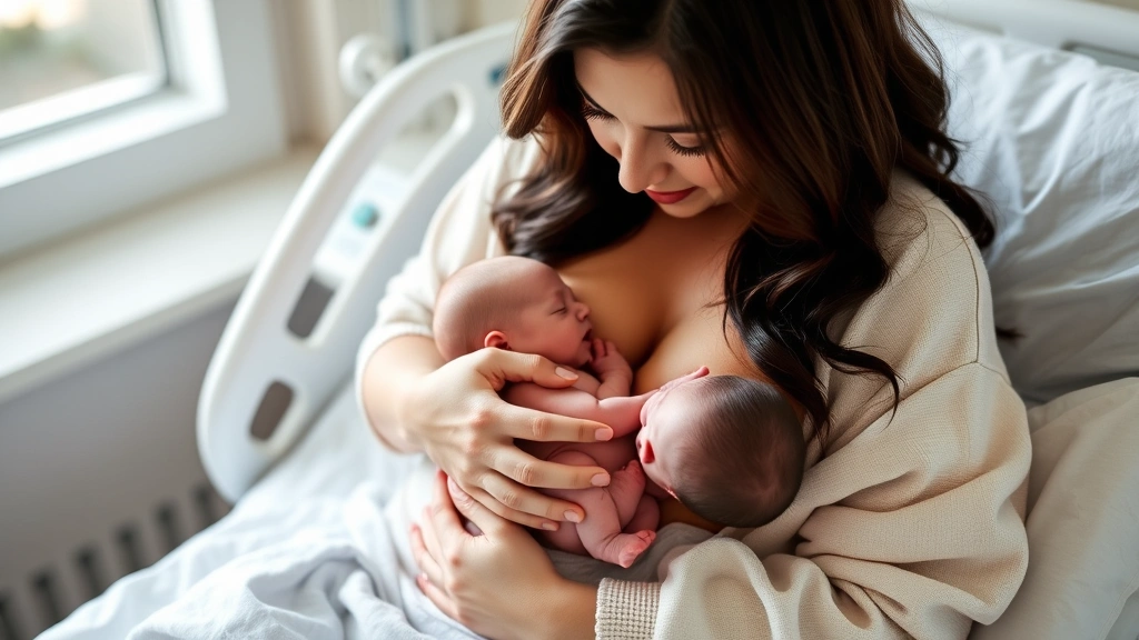Postpartum mother holding newborn against chest for skin-to-skin contact in hospital bed, both wearing soft clothing, warm emotional moment, natural hospital room setting with morning light