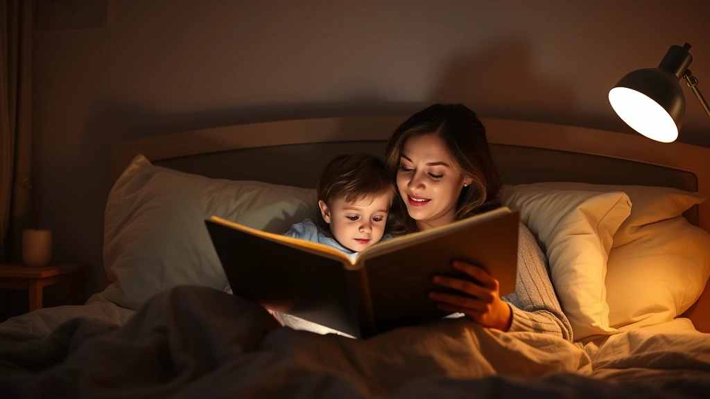Family reading bedtime story together in warm lamplight, toddler snuggled with parent, cozy bedroom atmosphere