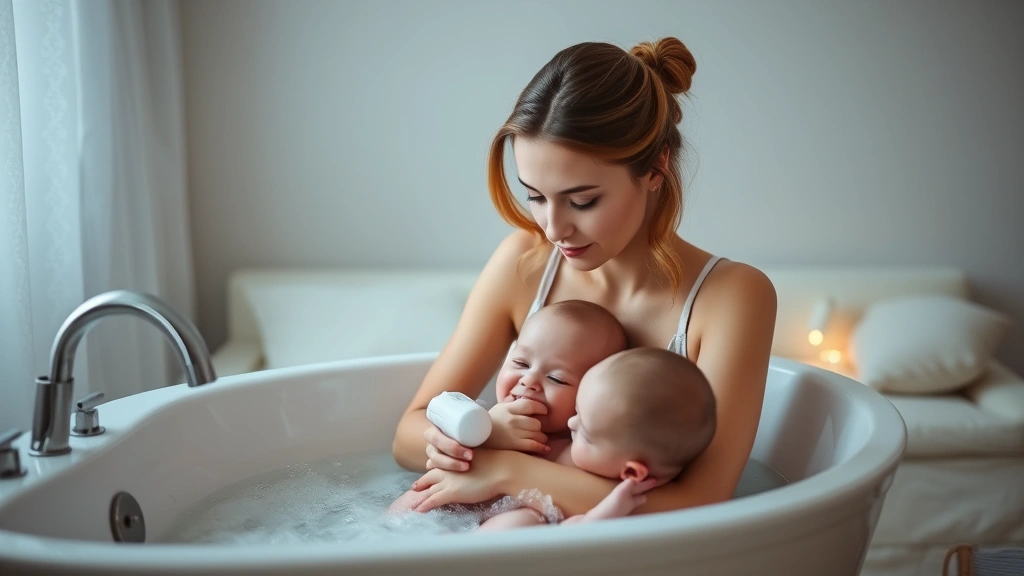 Mother doing calming bedtime routine with baby, dimmed lighting, gentle bath time or quiet cuddle moment