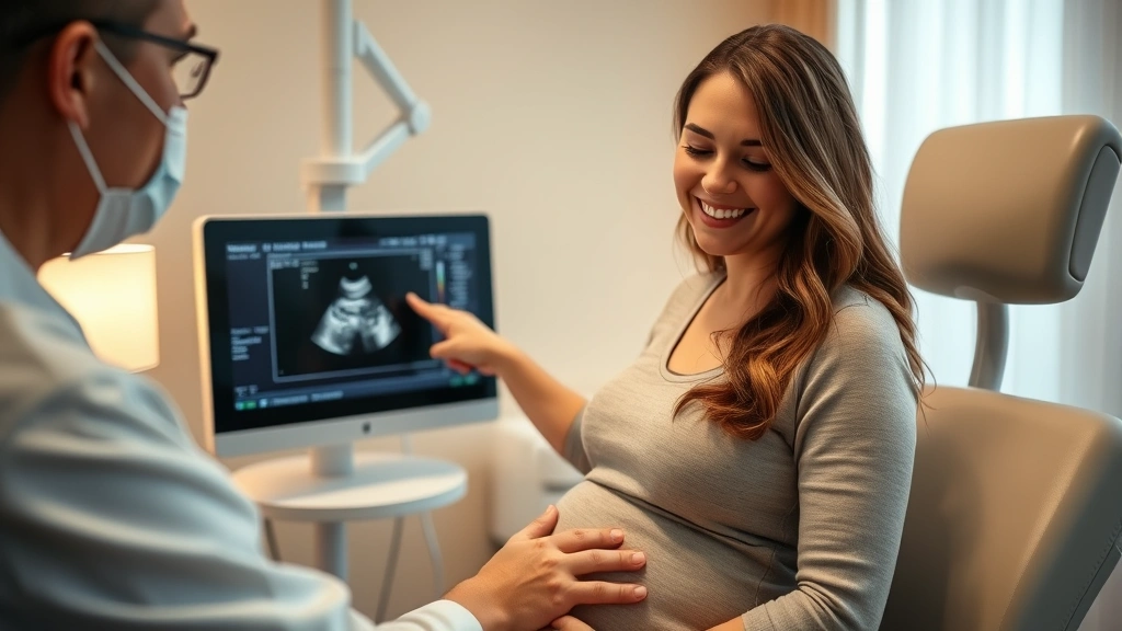 Pregnant woman smiling during ultrasound appointment with technician pointing at monitor showing baby, warm clinical setting with soft lighting