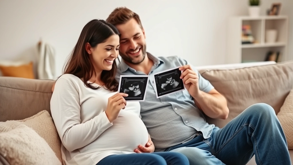 Expectant parents holding ultrasound photos together, looking at them with joy and anticipation, sitting on couch in home nursery background
