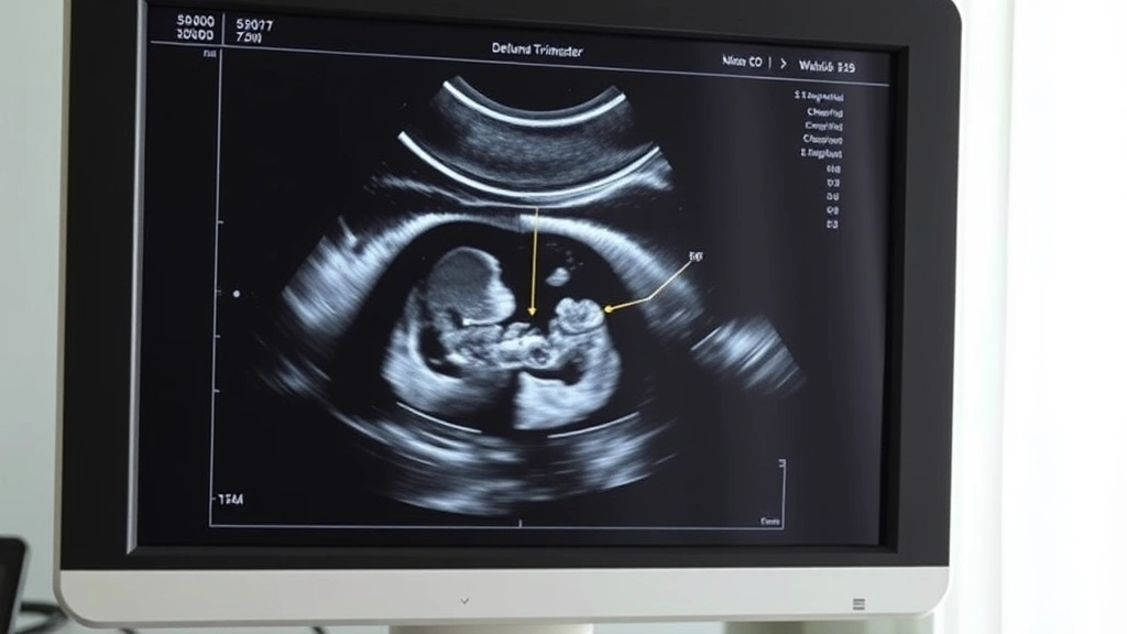Detailed ultrasound monitor screen display showing fetal anatomy during second trimester scan, showing clear medical imaging clarity