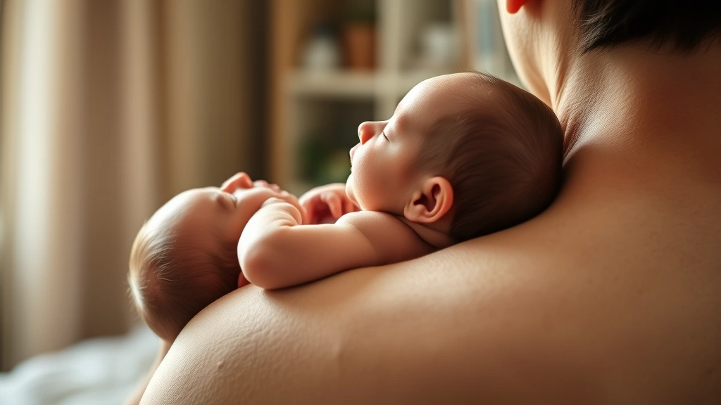 Newborn baby being gently burped over parent's shoulder in soft home lighting, parent supporting baby's back, peaceful bonding moment