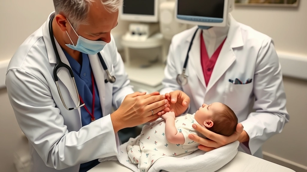 Pediatrician demonstrating proper burping technique with newborn in examination room, showing correct hand placement and baby positioning