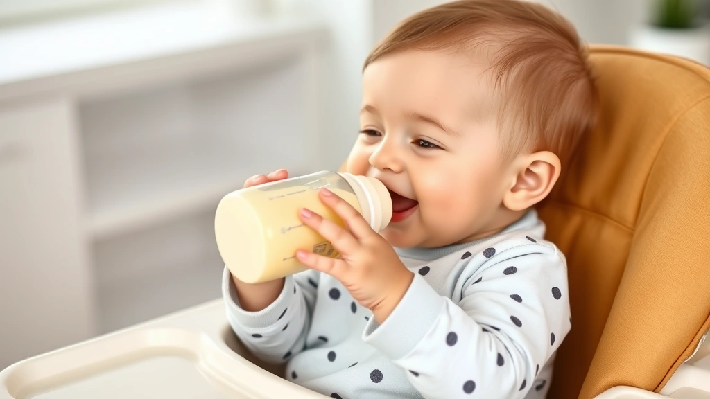 Nine-month-old baby confidently holding bottle with both hands while sitting in high chair, smiling, bottle at correct angle, supervised feeding moment