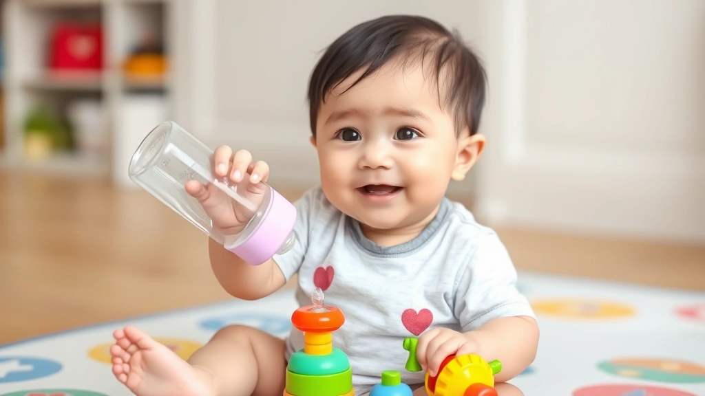 Ten-month-old baby independently holding bottle with one hand while playing with toy with other hand, sitting safely on play mat, engaged and happy expression