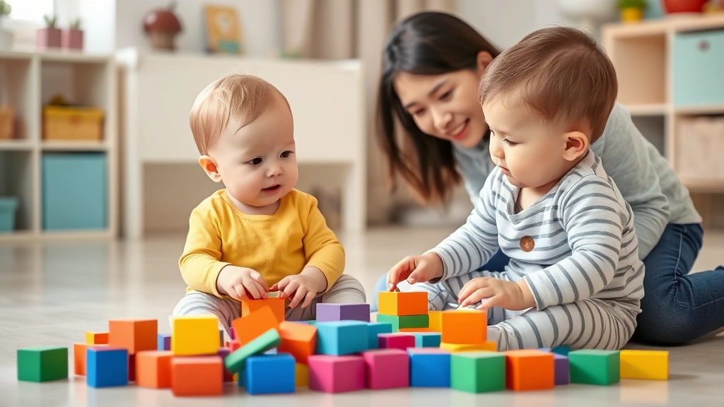 Toddler sitting on floor playing with colorful blocks, parent watching and responding positively to encourage language learning through play