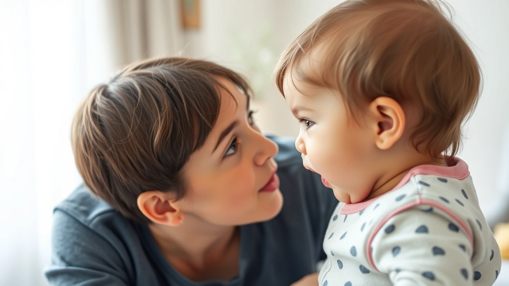 Parent and infant engaged in face-to-face interaction, parent making exaggerated facial expressions while baby vocalizes, tender moment, soft natural light