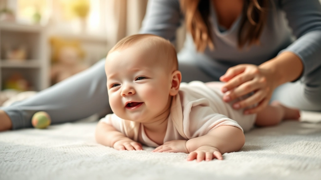 Calm alert baby during tummy time making cooing sounds, parent's hands gently supporting, peaceful nursery environment with soft toys, warm afternoon light
