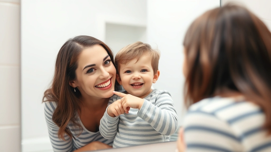 Parent and child looking in mirror together, child pointing to loose bottom front tooth, both smiling, bathroom setting with soft lighting, positive interaction