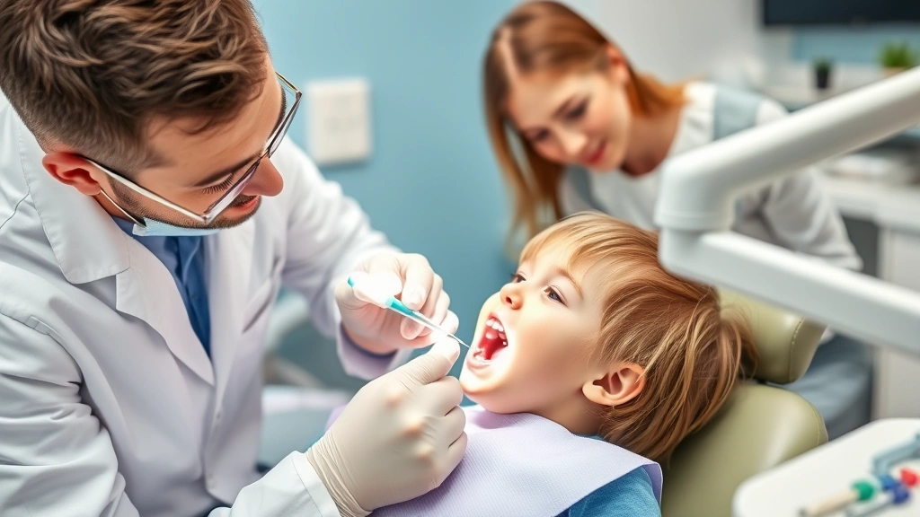 Pediatric dentist examining young child's mouth with dental tools, child sitting in dental chair, calm professional environment, parent visible in background showing support