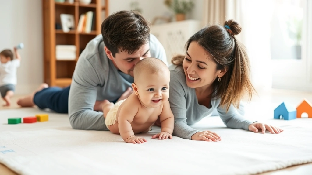Parent and baby during supervised tummy time on a clean play mat indoors, baby pushing up on forearms, parent smiling and engaging with baby, toys scattered nearby, bright daylight, safe home environment visible