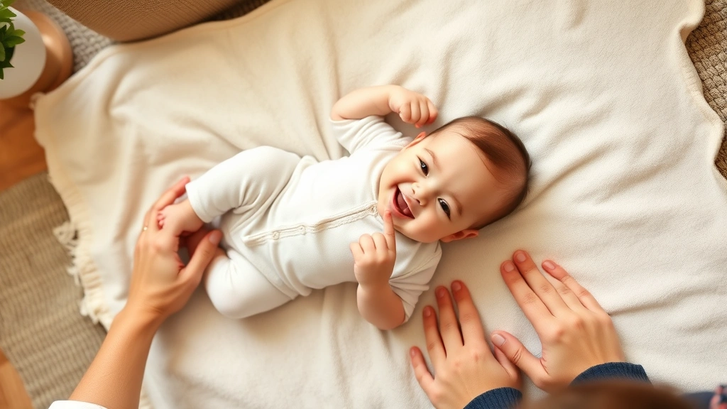 Overhead view of happy baby rolling on soft blanket in living room, parent's protective hands positioned nearby, baby mid-movement with joyful expression, natural lighting, cozy family home setting