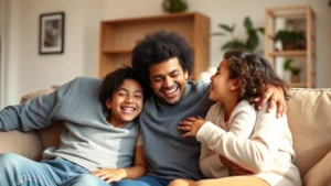 A happy multiracial family with an adopted child laughing together on a living room couch, warm natural lighting, genuine joy and connection visible, parents embracing child with genuine affection and warmth