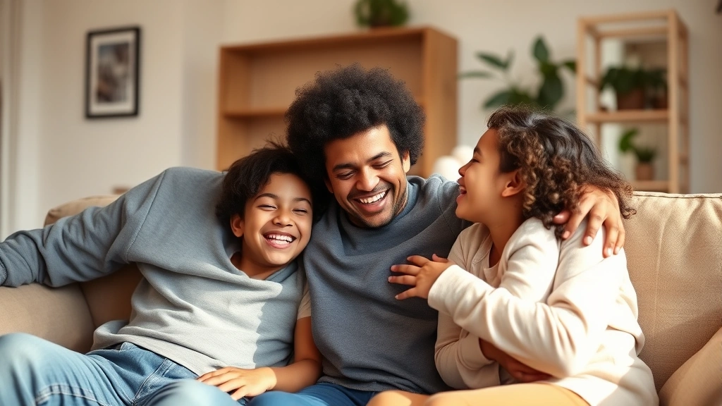 A happy multiracial family with an adopted child laughing together on a living room couch, warm natural lighting, genuine joy and connection visible, parents embracing child with genuine affection and warmth