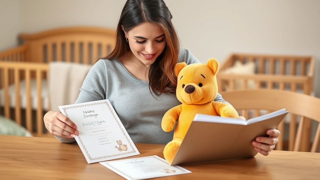 Expectant mother holding soft Winnie the Pooh plush toy while reviewing invitation designs at wooden table, warm natural lighting, gentle smile, nursery preparation background